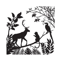 Silhouette of deer, monkey, and parrot in a forest setting bird animal