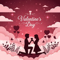 Valentine&rsquo;s Day Social media post vector with red rose bouquet, ribboned gift boxes, and assorted chocolates
