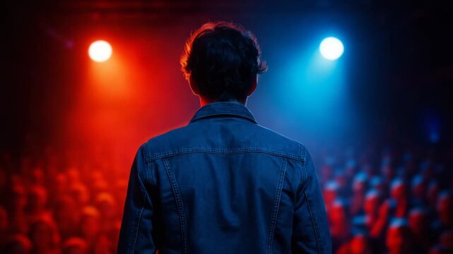 Young man in denim jacket stands on stage before an audience, illuminated by red and blue lights, preparing to deliver a performance in a vibrant atmosphere