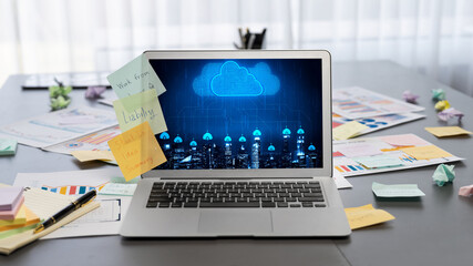 Sticky note for creative and analytic brainstorm for business idea with BI data dashboard on laptop screen. Analysis financial data visualization tech for marketing strategy. Prodigy