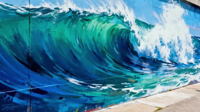 Medium frame capturing detailed brushstrokes creating an abstract ocean wave mural rich in blues and greens on a sprawling wall