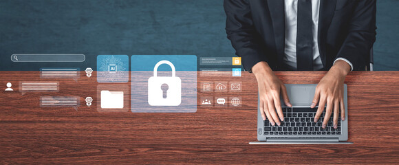 A professional man types on a laptop, surrounded by digital security icons, conveying themes of cybersecurity, data protection, and modern technology in a business setting. Gantry