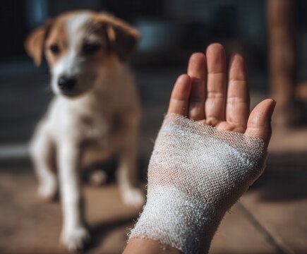 dog bite and bandaged hand
