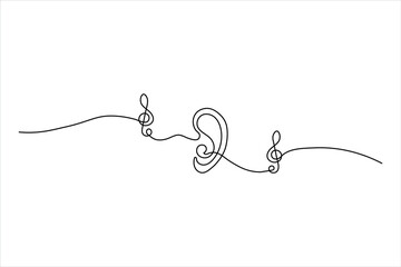 Continuous one-line drawing of a human ear with music notes. Minimalist symbol for hearing, melody, and audio. Simple black line art on a white background