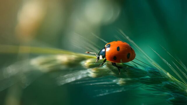 Vibrant ladybug crawls along a green grass blade, showcasing its bright orange shell and black spots, moving steadily across the delicate plant surface in a natural setting