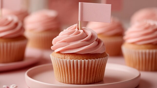 A cupcake with a pink flag on top is displayed on a pink plate
