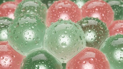 Close up of colorful glass marbles with water droplets