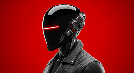 Futuristic black cyborg portrait wearing leather jacket on red background. Sci-fi robot character with red LED eye
