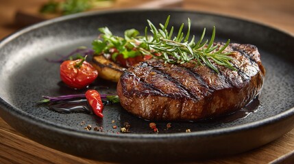 Steak plated on matte ceramic dish, warm kitchen tones