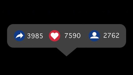 Likes, share, and follower icons with increasing number counters on a transparent background, illustrating social media engagement growth, reactions, and user interface analytics for digital platforms - Powered by Adobe