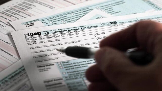 Person writes on U.S. tax forms in an office at home. The individual prepares their income tax return for the year 2025. Forms include information on income and deductions.