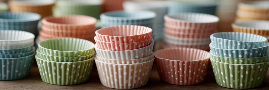 A stack of colorful sleeves paper cups with polka dots