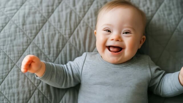 Baby with Down syndrome smiles joyfully while lying on a textured gray blanket, arms raised in excitement, showcasing a delightful moment of happiness and playfulness