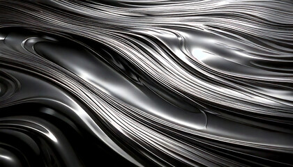 Abstract liquid metal chrome waves flowing in dark, futuristic, fluid motion, representing a sleek, modern, and industrial aesthetic
