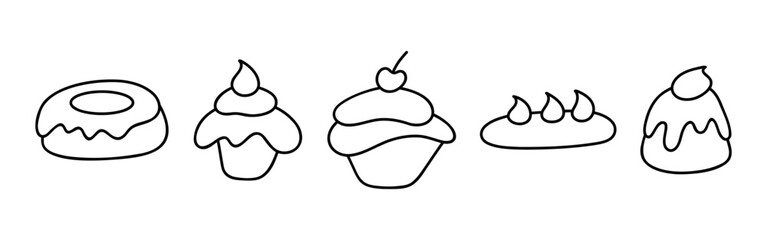 Hand Drawn Sweet Desserts Icon Set Vector Illustration Isolated on White Background, Black and White Doodle Style Line Art of Cakes, Donuts and Pastries