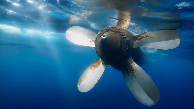 Underwater view of a boat propeller in clear blue ocean water  marine technology