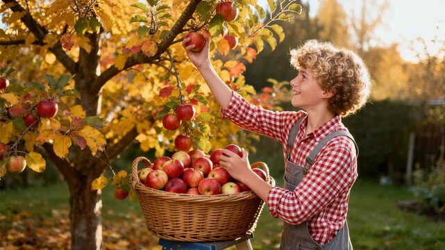 Boy picking apples in a sunlit autumn orchard gathering ripe fruit into a large wicker basket on a ladder while smiling and wearing a checkered shirt and overalls, conveying seasonal harvest and outdo