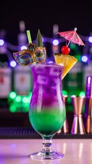 A bright layered cocktail with a festive Mardi Gras mask, a slice of lime, and an umbrella. A colorful festive drink, perfect for carnival. AI generated.