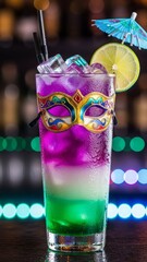 A bright layered cocktail with a festive Mardi Gras mask, a slice of lime, and an umbrella. A colorful festive drink, perfect for carnival. AI generated.