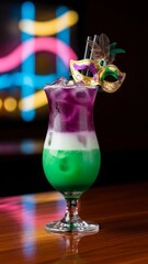 A bright layered cocktail with a festive Mardi Gras mask, a slice of lime, and an umbrella. A colorful festive drink, perfect for carnival. AI generated.