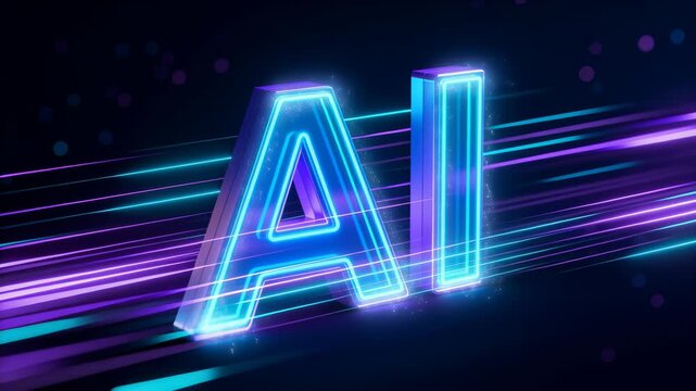 AI letters glow in neon blue and purple with dynamic motion streaks across a dark studio background. The bold typography has luminous edges and subtle reflections for a high tech visual concept. Stron