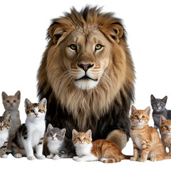 Lion sitting with group of adorable kittens together outdoors  animal friends forever
