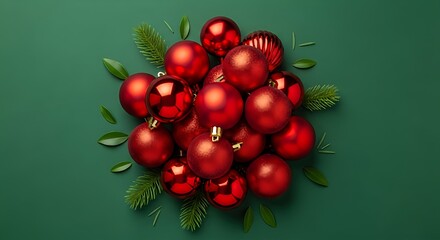 Creative layout of red Christmas baubles and green pine branches arranged in a circle on a dark green background.