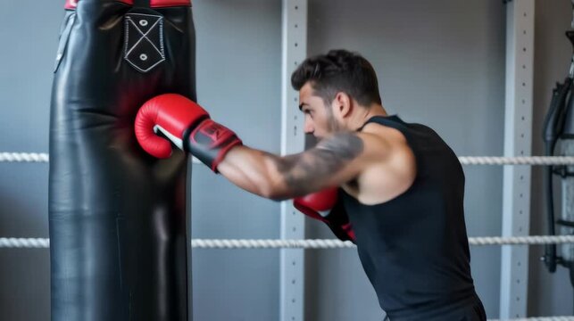 A man boxing on a punching bag in a gym  