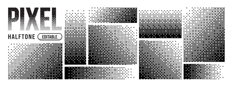 Fade dither pattern and pixel square background with dot effect line. Vector geometric flat and halftone art rectangular with design grid simple. Graphic fade disperse and broken.