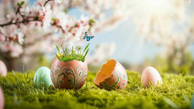 Decorated eggs rest on soft green moss with warm sunlight filtering through blurred blossoms. A cracked eggshell doubles as a miniature planter with grass and tiny flowers. Pastel eggs and a butterfly