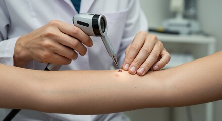 Dermatologist uses dermatoscope to examine mole on patient's arm. Close-up of doctor performing skin cancer screening in clinic. Medical health care and prevention concept