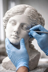 Sculpture of young woman and hands on female face, preparing for face lifting procedure. Concept of plastic surgery
