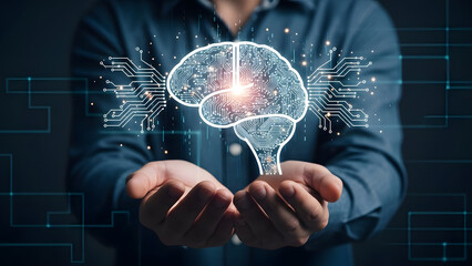 Hands holding brain icon human head artificial intelligence computer science circuit technology mind thought innovation logic digital chip data