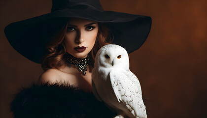 Halloween holiday promotion theme. Spooky scaring. A woman in a witch costume holds a white owl. She wears a black witchs hat, and her attire includes a choker