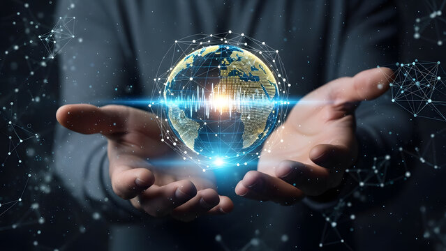 Person hand holding digital globe earth map world connection network communication technology internet data signal wave frequency planet - Powered by Adobe