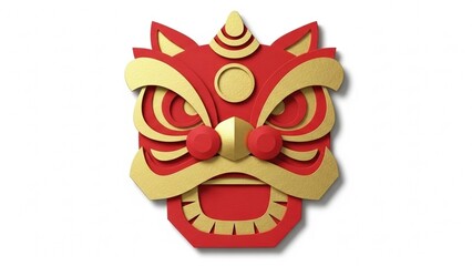 Obraz premium Minimalist Lion Dance Mask Illustration in Red and Gold Paper-Cut Style Celebrating Lunar New Year