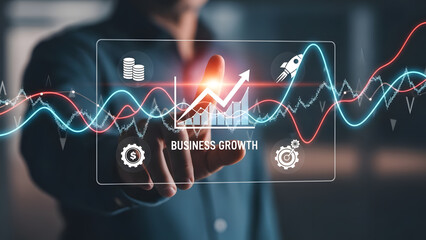 Business growth success profit financial graph chart rocket strategy investment goal data market development finance corporate vision