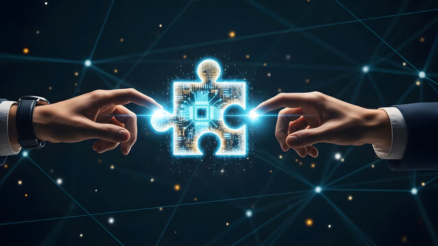 Puzzle piece solution collaboration technology innovation chip circuit data partner teamwork strategy business connection goal digital idea smart - Powered by Adobe