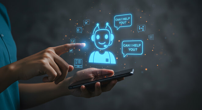 Chatbot support customer service assistant artificial intelligence technology help communication digital smart phone chat automated message help - Powered by Adobe