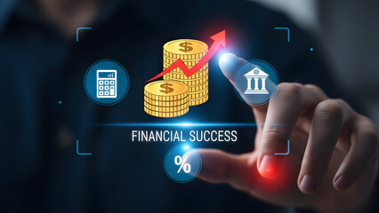 financial success money coin stack finger touch business profit growth investment bank calculator icon finance strategy digital wealth chart