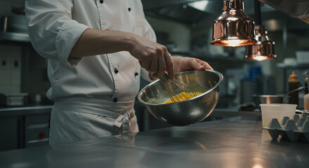 Chef kitchen food cooking whisk bowl egg restaurant professional uniform culinary meal preparation bakery worker dinner gourmet