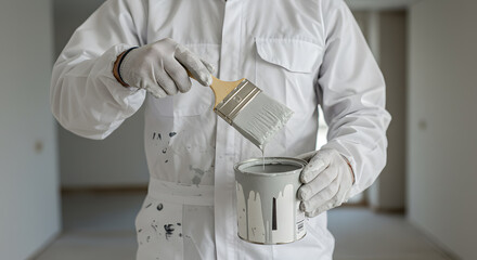 Painter wall renovation paint brush bucket tool home construction worker house interior decorator uniform apartment professional service