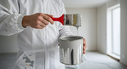 House painter renovation wall paint brush bucket tool home construction worker interior decorator profession apartment service maintenance