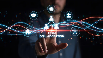 Team collaboration business network connection strategy partnership success group communication office leadership digital technology future vision person
