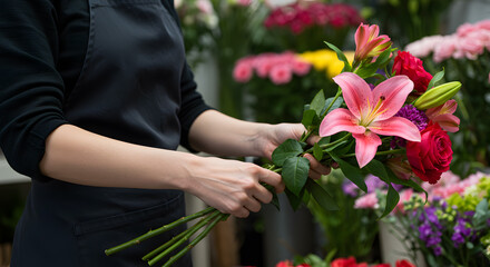Florist flower lily rose bouquet shop business nature plant garden apron hand petal leaf bloom gift spring summer