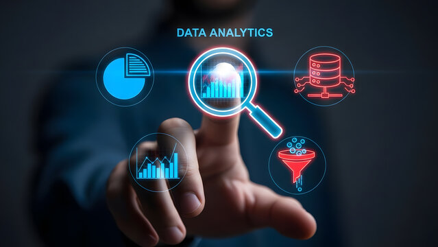 Data analytics technology business analysis chart graph database funnel information management research market growth success decision intelligence system - Powered by Adobe