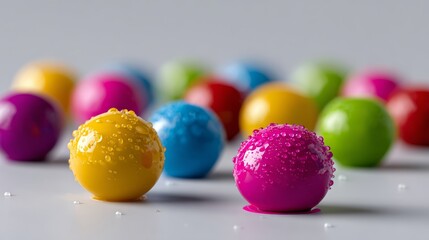 Bright vivid opaque droplets of CMYKOVG ink in vibrant colors, isolated on a solid white background, showcasing ultra-photorealistic product photography with stunning detail and clarity