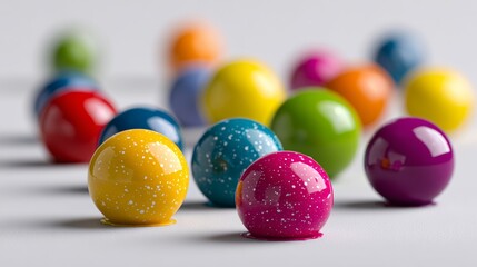 Bright vivid opaque droplets of CMYKOVG ink in various colors, artistically arranged on a soft gradient background, showcasing premium product photography with copy space for design