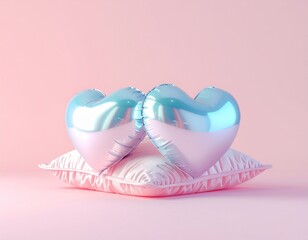 Pink pillows decorated with silver and blue hearts, isolated against a pink backdrop. Created using 3D rendering.