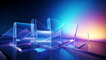 Abstract geometric shapes made of translucent blue glass with a gradient background of blue and orange